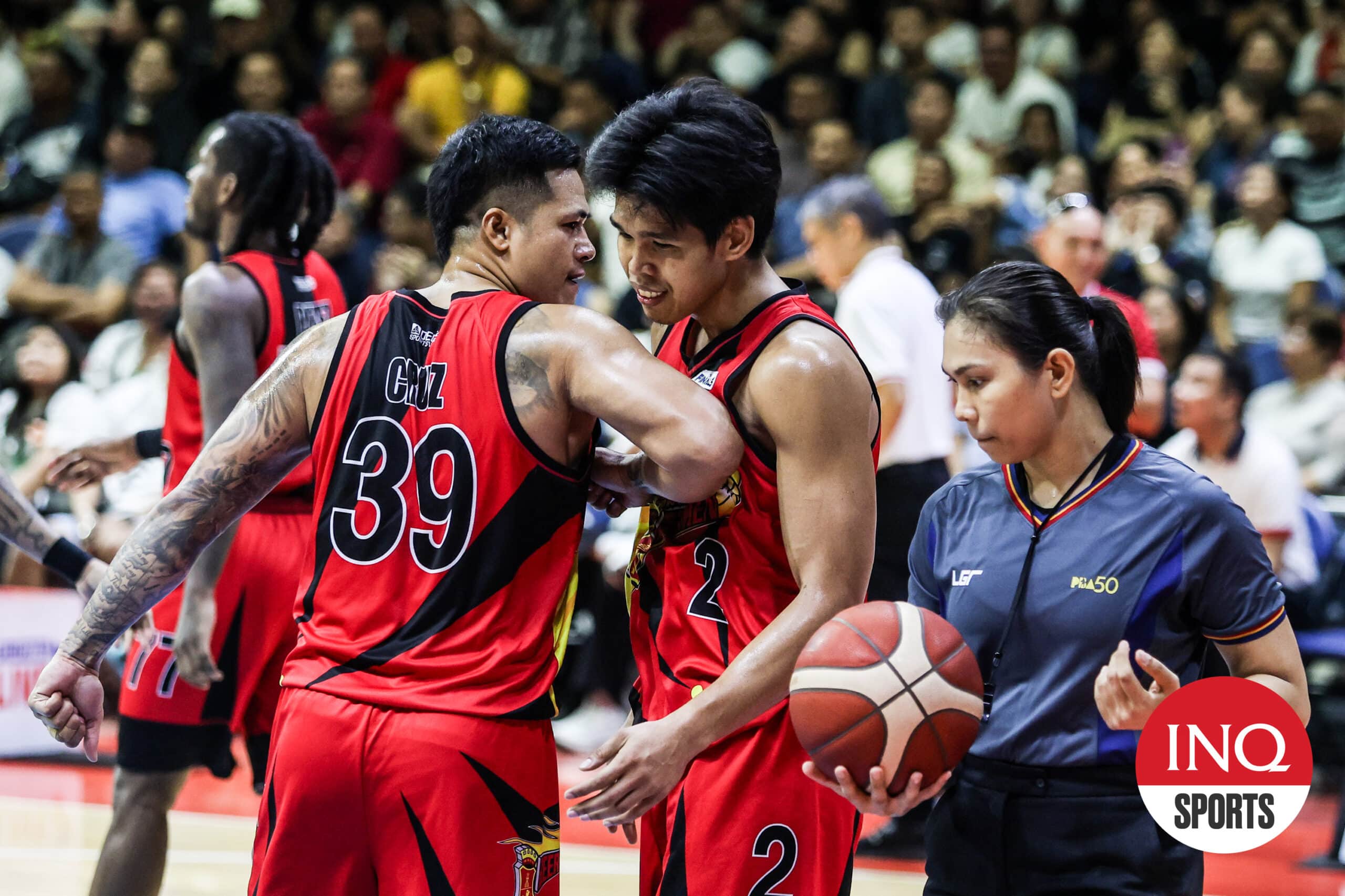 San Miguel Beermen's Don Trollano and Jericho Cruz during the PBA Philippine Cup Finals Game 2 against TNT Tropang 5G.