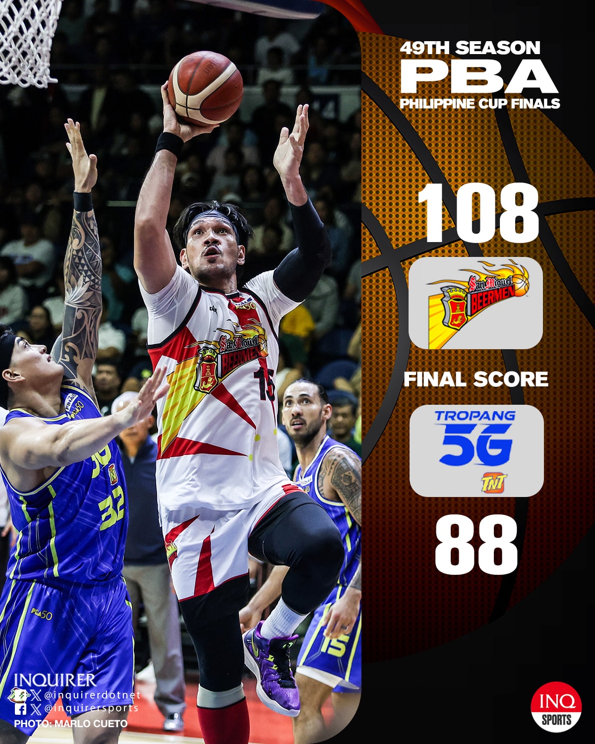 FINAL: San Miguel Beer wins two straight in the PBA Philippine Finals after taking Game 3 over TNT, 108-88, for the 2-1 lead.